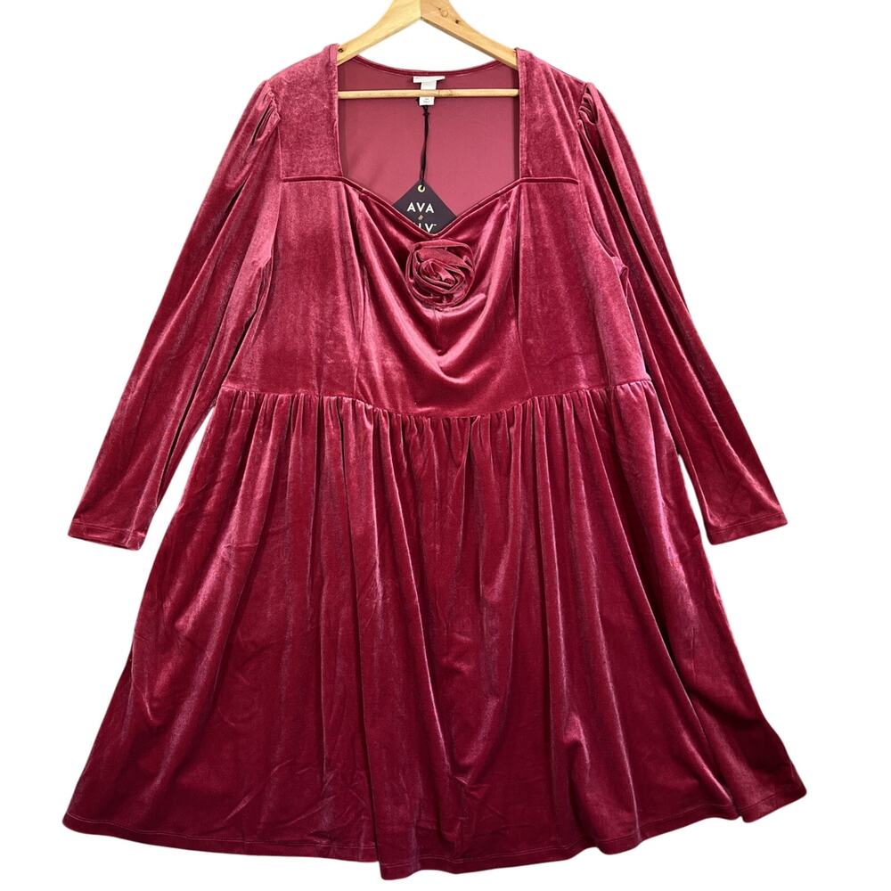 Ava & Viv Dress Women 2X Red Velour Cocktail Rosette Pockets Holiday Long Sleeve